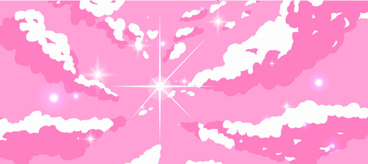 Wall Mural - Anime cartoon sky with clouds and shiny sun glares.