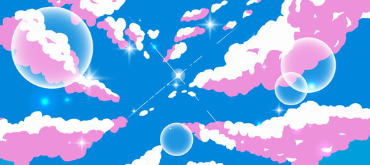Wall Mural - Anime cartoon sky with clouds and shiny sun glares.