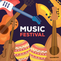 Sticker - music festival lettering with instruments frame