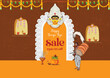 Happy durga puja sale banner with vector illustration of goddess durga