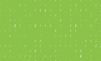 Poster - Seamless background pattern of evenly spaced white musical note symbols of different sizes and opacity. Vector illustration on light green background with stars