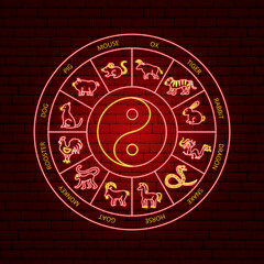 Wall Mural - Chinese Zodiac Neon Circle Concept. Vector Illustration of Asia Promotion.