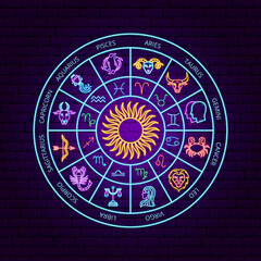 Sticker - Horoscope Zodiac Neon Circle. Vector Illustration of Astrology Promotion.