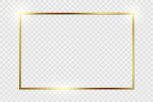 Gold Shiny Glowing Vintage Frame With Shadows Isolated On Transparent Background. Golden Luxury Realistic Rectangle Border. Stock Royalty Free Vector Illustration. PNG