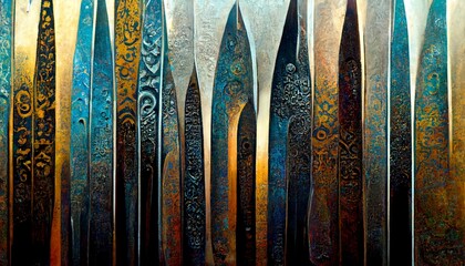 An abstract close up of detailed pattern sword blade designs forming a beautiful medieval / viking / celtic druid style background. A.I. generated art.
