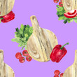 Seamless pattern with parsley, sweet pepper, tomatoes and a wooden cutting board. Bright background for kitchen, wallpaper and textiles. Watercolor drawing of juicy vegetables.