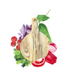Watercolor drawing: wooden board and vegetables- onion, tomato, cucumber, parsley, basil, pepper for kitchen design, books, textiles, office and packaging.