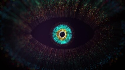 Wall Mural - human multicolored eye animation concept. rainbow lines after a flash scatter out of a bright white 