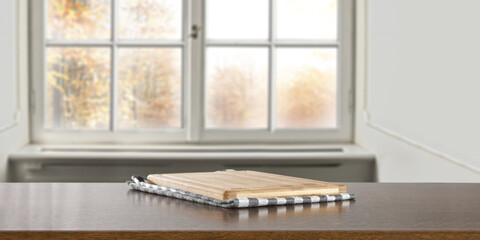 Desk of free space and autumn window. 