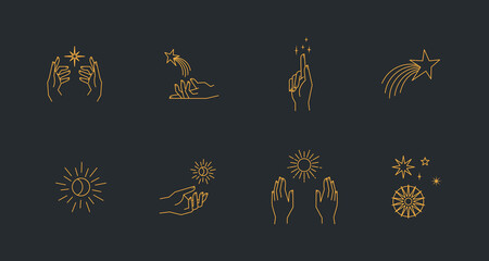 Wall Mural - Aesthetic astral hands. Collection of cosmic and celestial elements with sun, moon and stars. Isolated editable linear vectors.