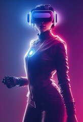 Wall Mural - realistic portrait of a sci-fi neon cyberpunk girl in a cyber suit. high-tech futuristic man from th