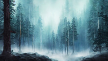 Dense Fog In The Forest, Cold Winter