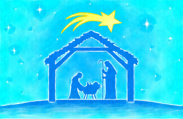 Wall Mural - Christmas Nativity, watercolor painting sketch. Greeting card background.