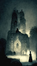 Gloomy Dark Landscape, Old Victorian Photo Style. Ghosts In Abandoned Church Ruins. 3D Illustration.
