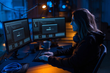 Canvas Print - cybercrime, hacking and technology concept - female hacker in dark room writing code or using computer virus program for cyber attack