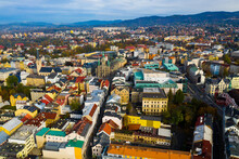 Scenic View From Drone Of Liberec Cityscape With Ancient Town Hall On Sunny Autumn Day, Czech Republic