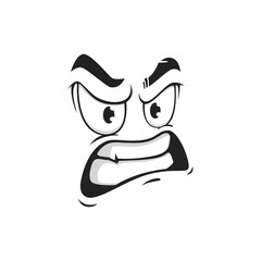 Wall Mural - Cartoon face with gnash teeth, vector angry emoji with evil eyes. Negative facial expression, wicked feelings, comic face with furrowed brows and toothy mouth isolated on white background