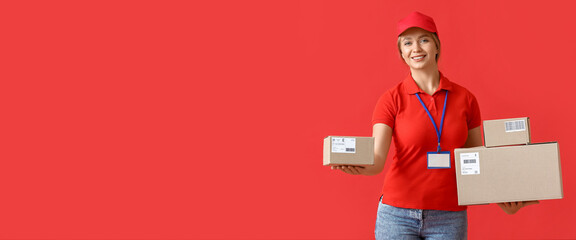 Poster - Female courier with parcels on red background with space for text