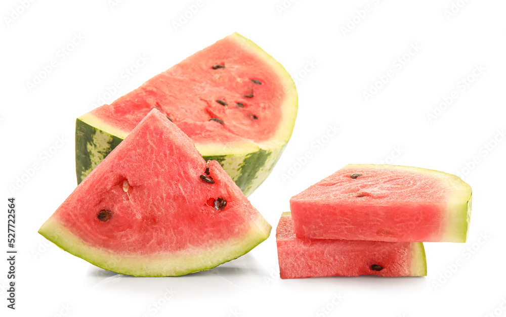 Slices of tasty watermelon on white background