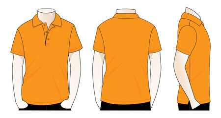 Sticker - Blank orange short sleeve polo shirt template on white background. Front, back and side view, vector file.