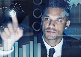 Aufkleber - Digital infographics, web graphs and futuristic interface screen for charts, data and stats of business man coding in work office. Face of website developer reading analytics and research on tech