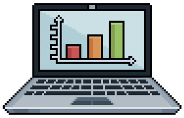 Leinwandbilder - Pixel art laptop with data graphics on the screen. Data analysis vector icon for 8bit game on white background 
