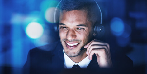Aufkleber - Telemarketing customer support, consultant and help man on an online phone consultation at night. Happy internet call center employee working on contact us digital web crm consulting in the dark