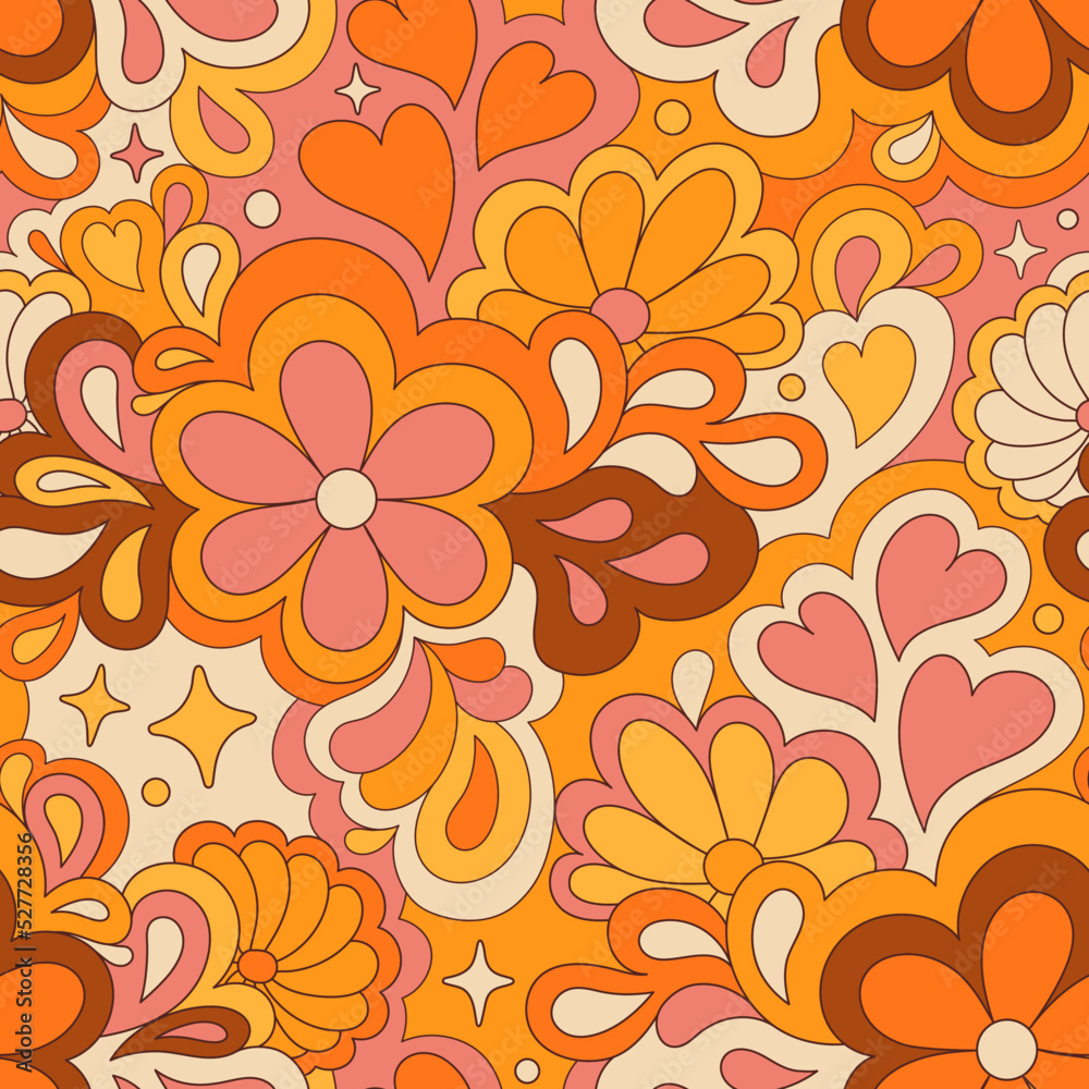 Retro groovy 60s 70s vector seamless pattern. Old school psychedelic ...