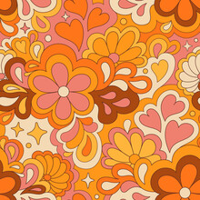 Retro Groovy 60s 70s Vector Seamless Pattern. Old School Psychedelic Hippie Design With Flowers And Hearts For Package, Branding, Textile, Stationery, Wraping Paper, Gift Cards, Any Surface