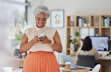 Aufkleber - Business woman typing on social media on phone at work, reading email and networking with people online on a smartphone in an office. Happy black woman in communication on internet with technology
