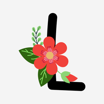 Floral hand-drawn font l alphabet flat design