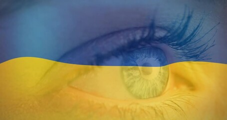 Poster - Animation of flag of ukraine waving over open eye of caucasisan woman