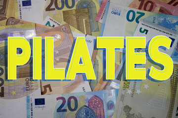 Poster - Pilates word with money. Paper currency background with different banknotes.