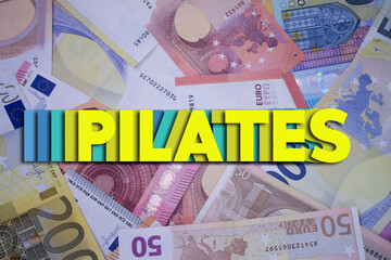 Poster - Pilates word with money. Paper currency background with different banknotes.