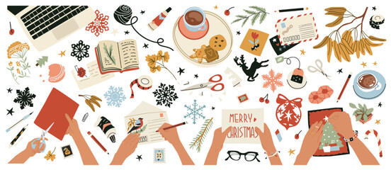 Collection of objects and compositions with female hands at work. Creating Christmas decorations, greeting cards, writing letters and compiling a wish list. Flat style in vector illustration. Isolated