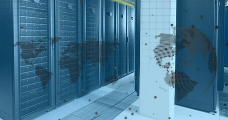 Poster - Data processing over spinning globe and world map against computer server room