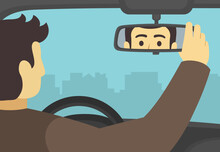 Male Car Driver Adjusting Rear View Mirror In A Car. Close-up Back View Of A Driver Checking Rear Mirror. Flat Vector Illustration Template.