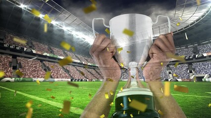 Poster - Animation of confetti falling over caucasian man holding silver cup in rugby field in sports stadium