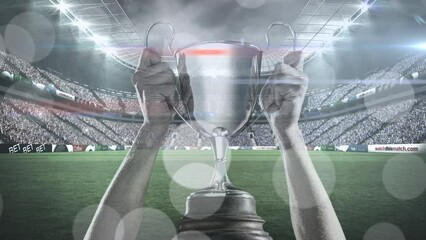 Poster - Animation of caucasian man holding silver cup in rugby field with camera flashes in sports stadium