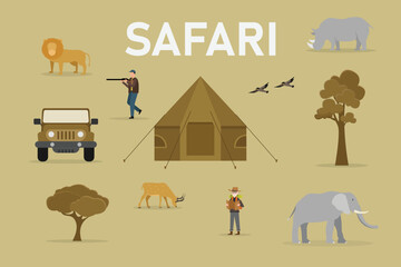 Safari set with wild animals car tent trees and hunters 2d vector illustration concept for banner, website, illustration, landing page, flyer, etc.