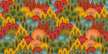 Abstract Seamless Pattern With Autumn Forest. Vector Background For Various Surface. Hand Drawn Textures.