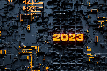 Poster - 3d illustration Futuristic tech postcard with the year 2023 on the background of a metallic, technological cover of a spaceship or robot. Abstract graphics in the style of computer games.