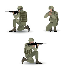 Wall Mural - Soldier aiming rifle. Military standing on one knee and looks into the scope preparing to shoot. Vector