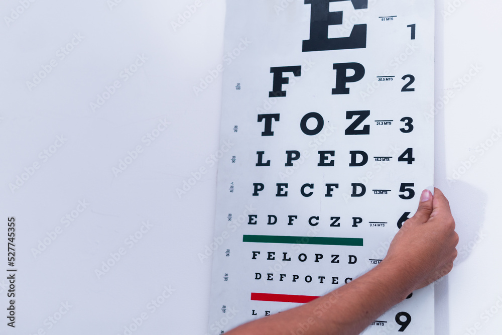High quality photography. Chart or Snellen panel for vision. Eye chart with red and green lines. Vision test sheet.