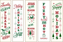 Christmas Vertical Porch Sign Bundle For Door And Background. Santa Claus Stop Here, Merry Christmas Y'all, Fuzzy Sock, Hot Cocoa, Happy Holiday, Jesus Is The Reason Vector Design Quote And Sayings .