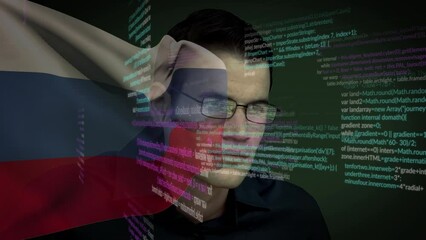Poster - Animation of caucasian male hacker over data processing and flag of russia