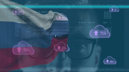 Poster - Animation of caucasian man over data processing and flag of russia
