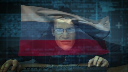 Poster - Animation of caucasian male hacker over data processing and flag of russia