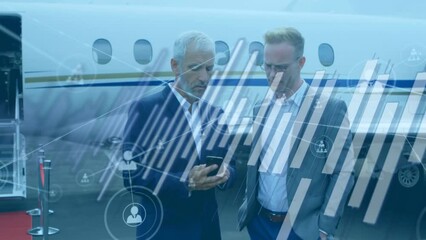 Poster - Animation of financial data processing over caucasian businessmen by airplane