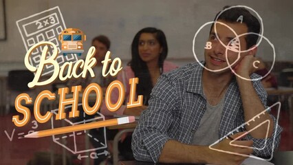 Poster - Animation of back to school text over diverse students in classroom
